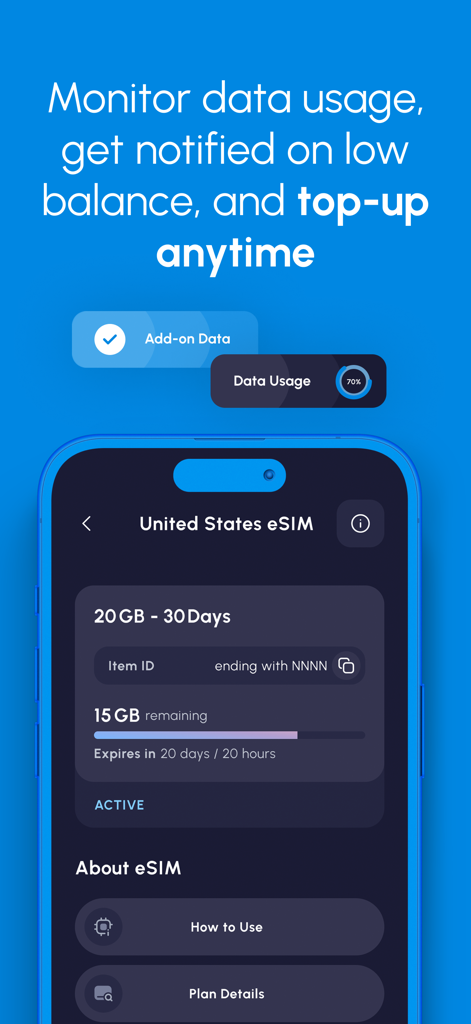 Nomad eSIM: Prepaid Data Plan - Écran de l'application Nomad eSIM montrant le suivi de l'utilisation des données en temps réel et le solde restant pour un forfait américain.