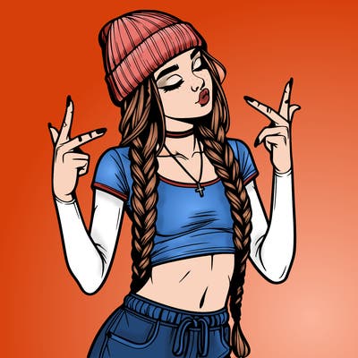 realistic teenage girl with braids and a beanie and crop top doing 🫶🏼