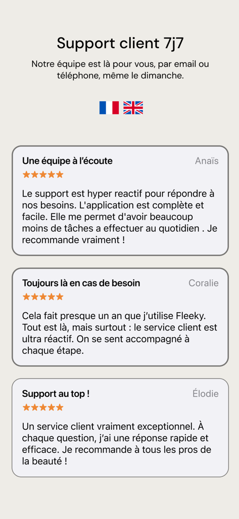 Fleeky Pro : Salon & Domicile - Página de suporte ao cliente do Fleeky Pro com avaliações de 5 estrelas e depoimentos de profissionais de beleza.