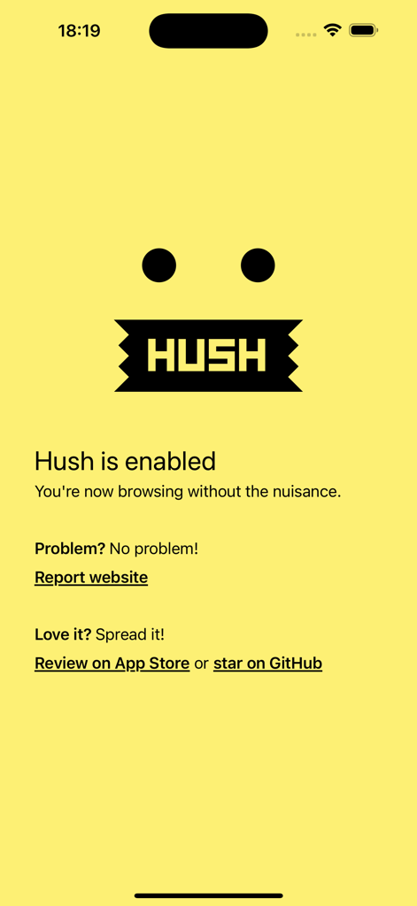 Interface of Hush Nag Blocker app showing that the service is enabled
