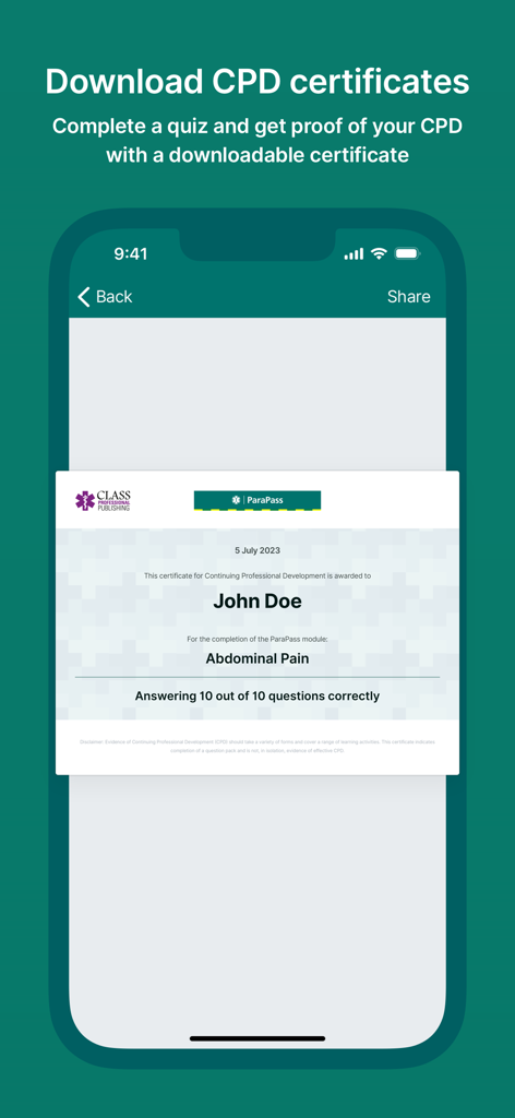 A digital CPD certificate for an abdominal pain module within the ParaPass mobile app.