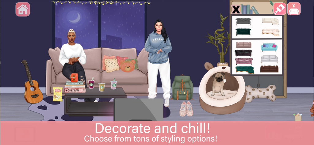Lofti: Dreamy Room Decor Game - A cozy room decoration scene with female avatars a pug and a furniture styling menu in the Lofti game
