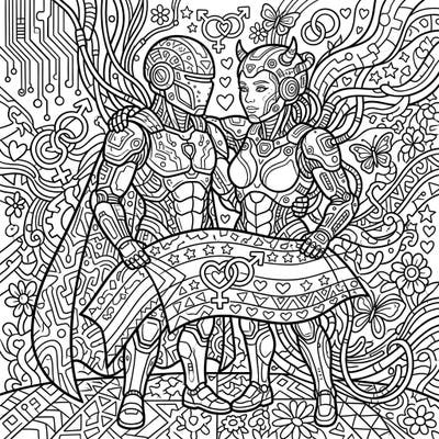 Dive into a world where technology meets emotion with this captivating Symbiotic Cyborgs Pride coloring page. Celebrate love, diversity, and unity through intricate designs perfect for expressing your creativity.