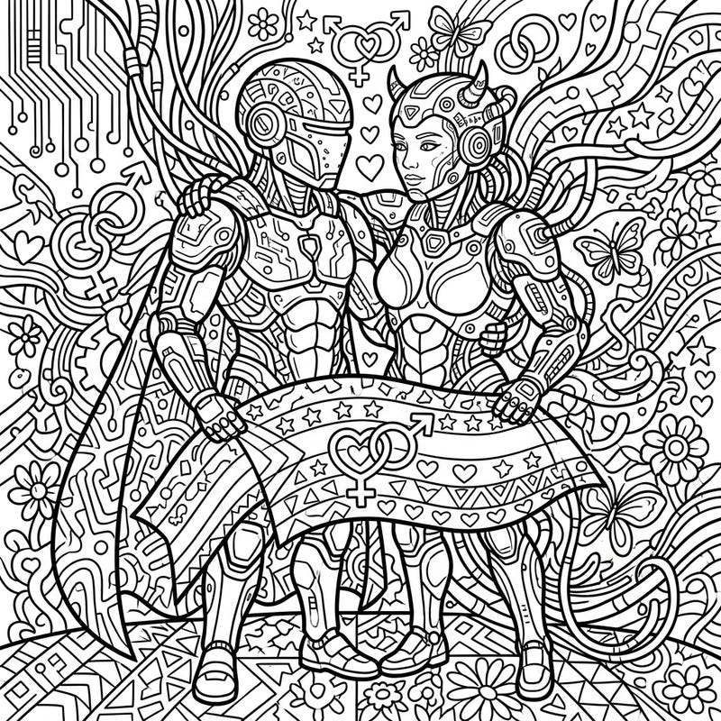 Dive into a world where technology meets emotion with this captivating Symbiotic Cyborgs Pride coloring page. Celebrate love, diversity, and unity through intricate designs perfect for expressing your creativity.