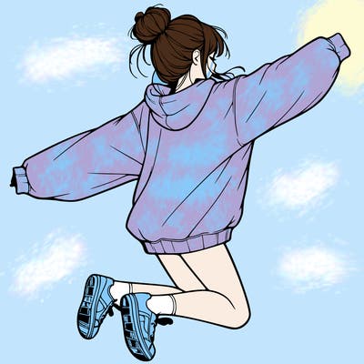 realistic girl jumping with a bun and oversized sweatshirt