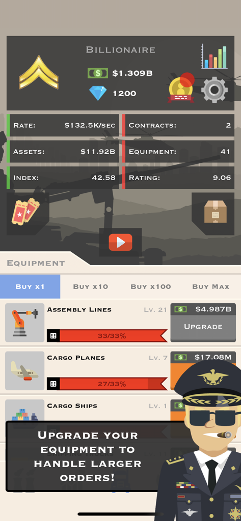 War Tycoon - A screenshot of the War Tycoon mobile game showing the equipment menu billionaire status and a military officer character prompting an upgrade.