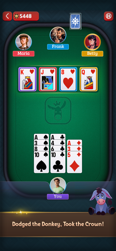 Donkey King: Online Card Game - Donkey King online card game showing a multiplayer match with cards on a green table and player avatars