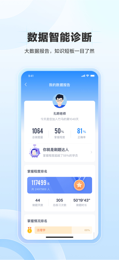Smart diagnosis dashboard in Zhuma app displaying user study statistics and exam ranking