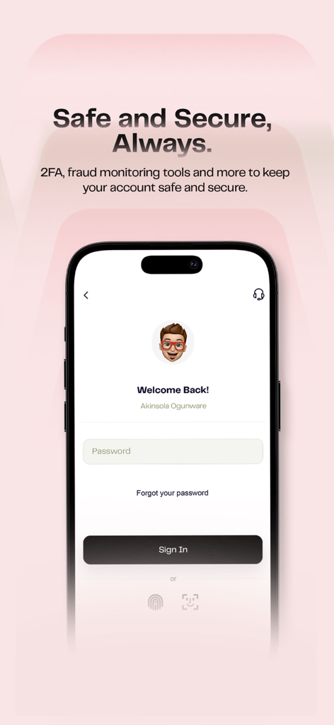 Pesa (Formerly Pesapeer) - Interface de login seguro do aplicativo Pesa mostrando autenticação biométrica e verificação de dois fatores
