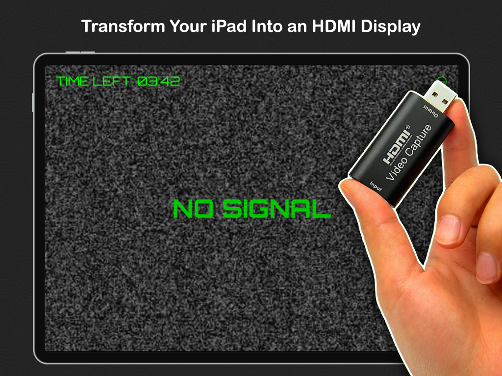 HDMeye - Eine Hand hält eine USB-HDMI-Video-Capture-Karte vor einem iPad, das einen Bildschirm ohne Signal anzeigt