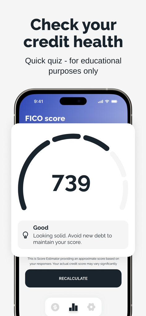 Money In Minutes: Cash advance - A mobile app interface showing a FICO credit score estimator with a result of 739 and a good rating.