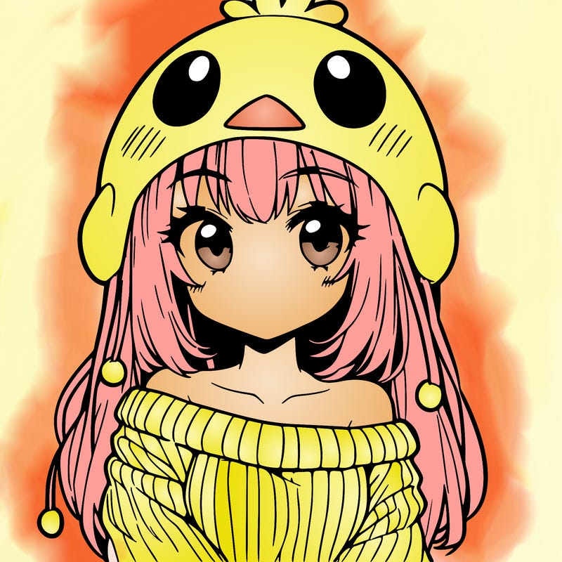 anime girl with chick shaped hat with sweater with bare shoulders with bangs covering them one eye with low tail