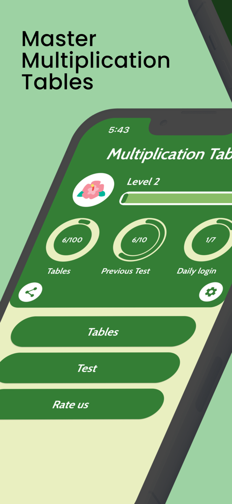 Maths Tables 1 to 100 and Quiz - Maths Tables app dashboard showing multiplication progress tracking and level status on a mobile device