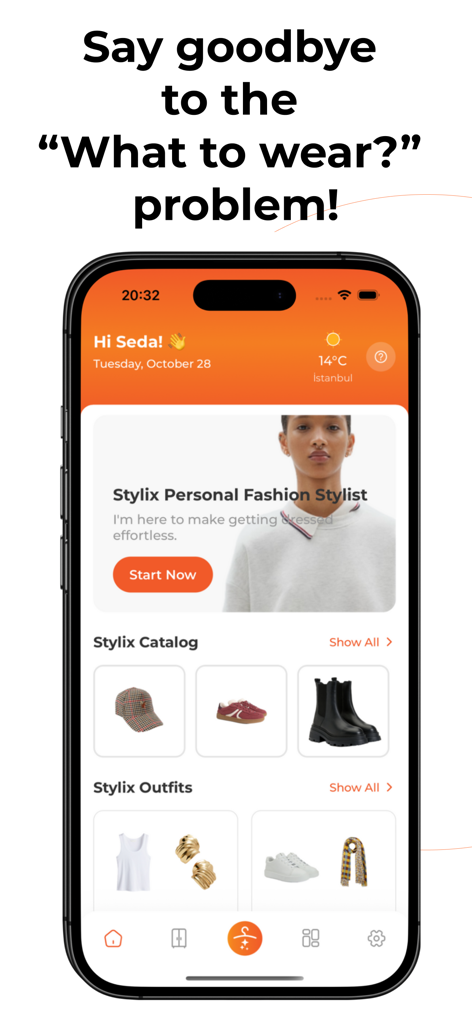 Stylix AI - Stylix AI mobile app home screen showing personal fashion stylist recommendations and a digital clothing catalog