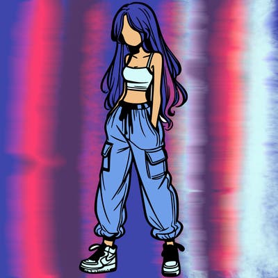 girl in baggy pants crop top and long hair