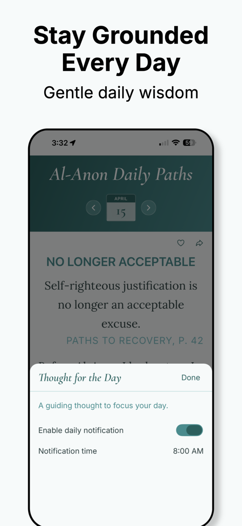 Al-Anon Daily Paths - Al-Anon Daily Paths app showing a daily reflection and the notification settings menu for daily wisdom reminders.
