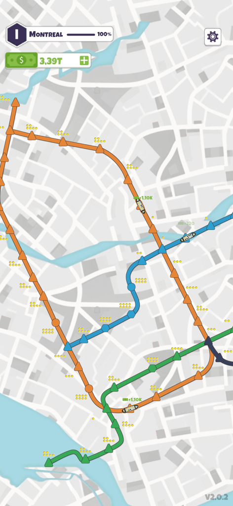Subway Connect: Idle Metro Map - Gameplay-Screenshot von Subway Connect, der eine fertige U-Bahn-Netzkarte von Montreal mit verschiedenen farbigen Linien und Zügen zeigt.