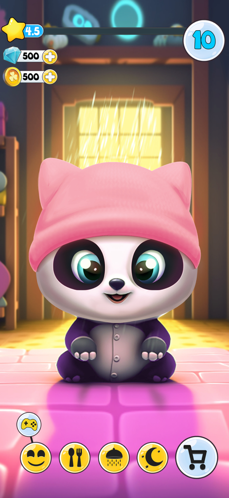 Pu - Care panda bears - Cute panda bear Pu wearing a pink hat during bath time in the Pu Care panda bears app