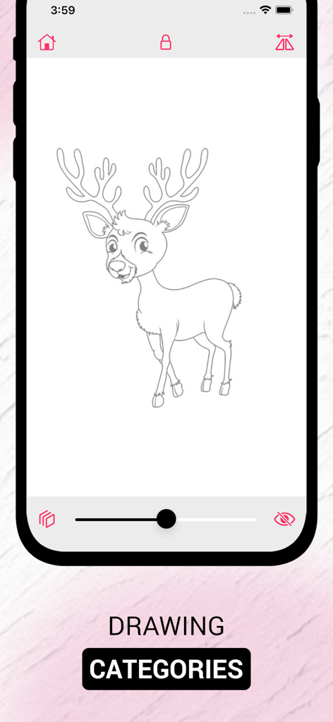 Una interfaz de aplicación móvil de AR Drawing que muestra el contorno de un boceto de ciervo para calcar y pintar.