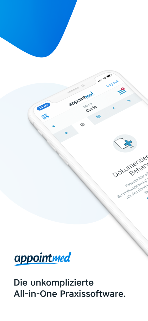 Smartphone, das die Benutzeroberfläche der All-in-One-Praxisverwaltungs-App von appointmed anzeigt