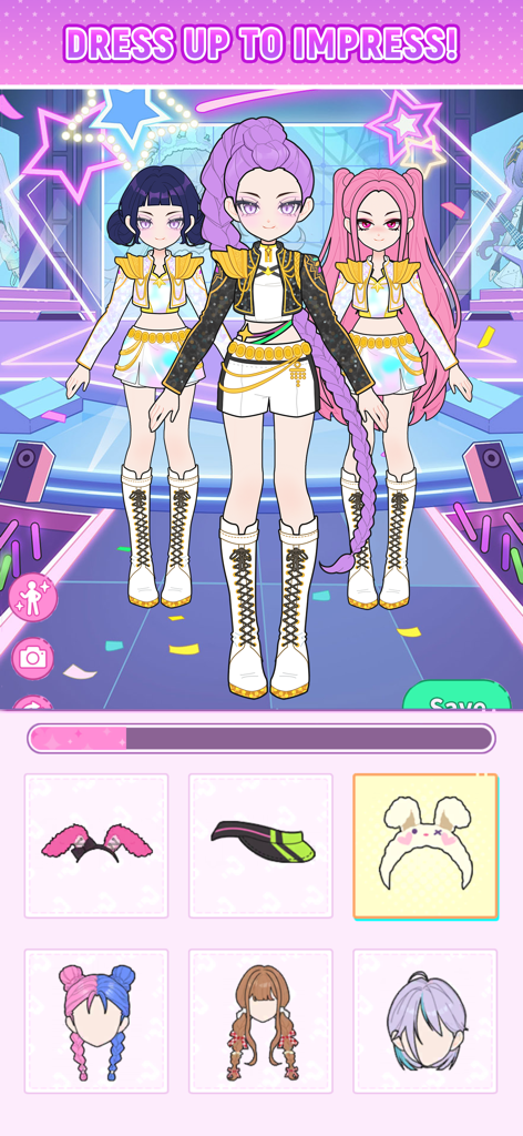 Sparkle Style: Dress up games - Tres elegantes muñecas estilo anime en un escenario con un menú de selección de accesorios de moda