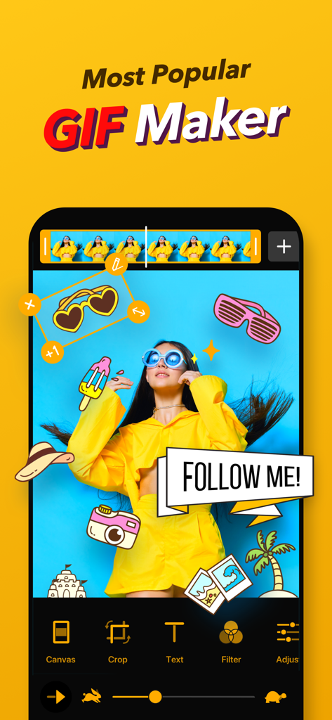 Interface of ImgPlay app showing GIF editing tools with stickers and a Follow Me banner on a yellow background