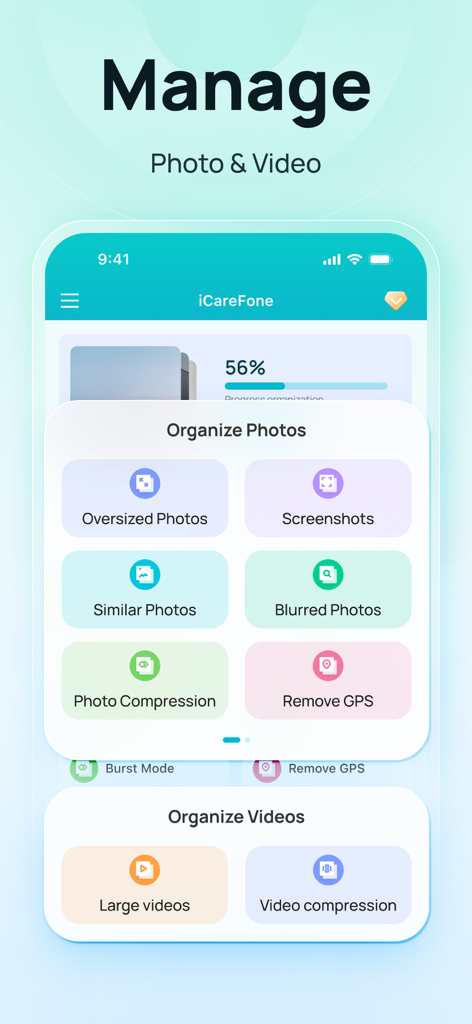 iCareFone app interface for managing and organizing photos and videos on iPhone