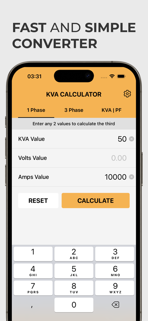 Interfaccia dell'app mobile Calcolatore KVA per calcoli elettrici monofase inclusi ampere e volt