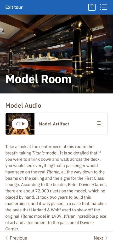 タイタニック博物館アトラクションアプリのインターフェース。詳細な船の模型とモデルルームのオーディオツアーの説明を表示しています。