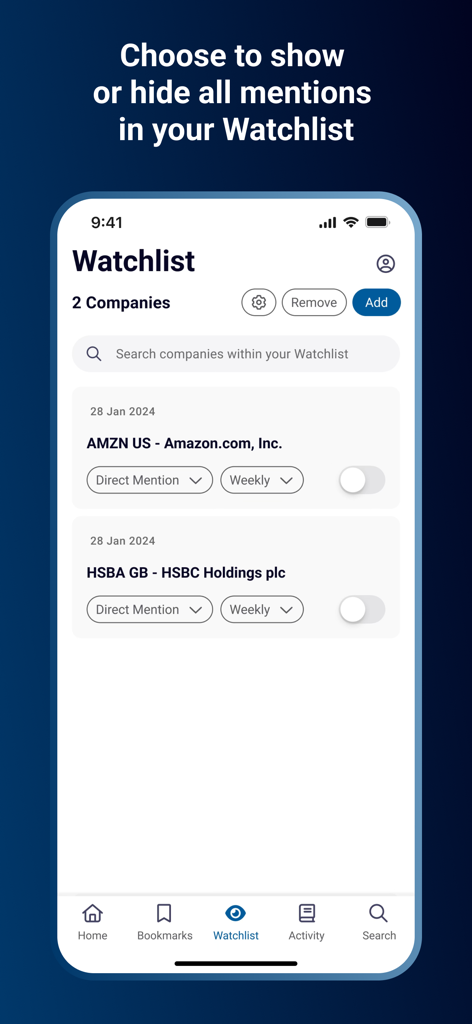 Third Bridge - Third Bridge mobile app Watchlist screen showing company trackers for Amazon and HSBC with toggles to manage mentions.
