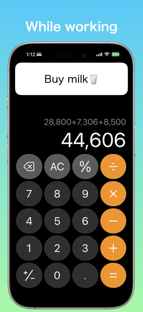 Floating Notepad　-Overlay- - A floating note with the text Buy milk displayed over a calculator app on a smartphone.