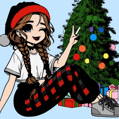 cute realistic sabrina carpenter like, teenage girl near a christmas tree in braids christmas hat on cute checkered, black and red pajama pants, lazy white t-shirt, sitting down eyes closed smiling and doing ✌️