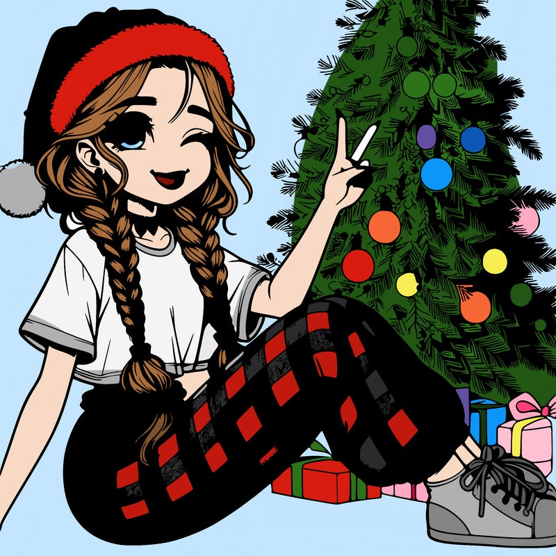 cute realistic sabrina carpenter like, teenage girl near a christmas tree in braids christmas hat on cute checkered, black and red pajama pants, lazy white t-shirt, sitting down eyes closed smiling and doing ✌️