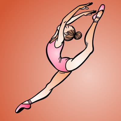gymnast doing a leap in a leotard with a bent back leg