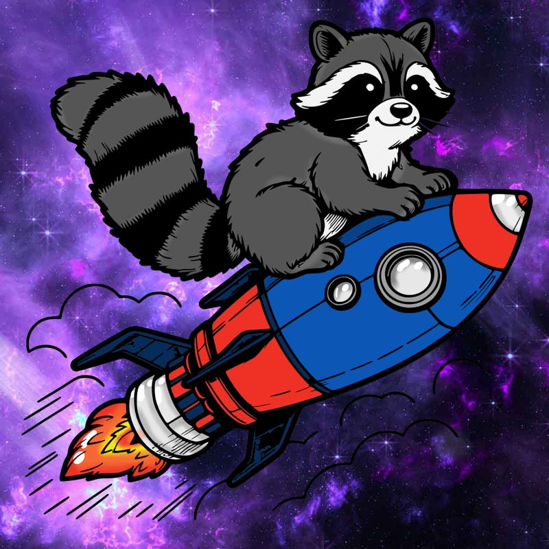 realistic raccoon flying on top rocket ship