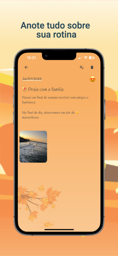 Diário Pessoal - Tela de smartphone mostrando um aplicativo de diário pessoal minimalista com uma foto de praia e entrada de texto.