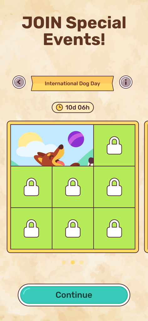 Connect Word game interface showing a special event for International Dog Day with a picture puzzle to unlock