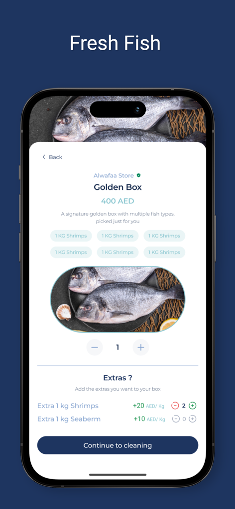 Mobile app screen showing a curated Golden Box of fresh seafood for home delivery