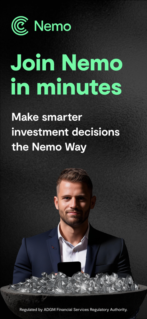 Invest & Trade : Nemo Money - Nemo Money app promotional screen featuring a professional man and text Join Nemo in minutes
