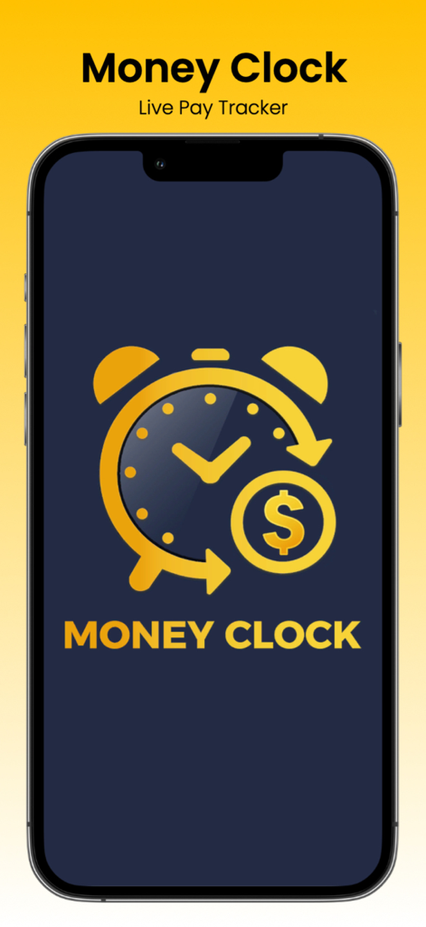 Money Clock: Income Visualizer - Money Clock app splash screen with a golden alarm clock icon and dollar sign symbol