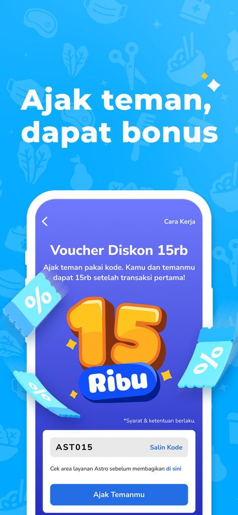 Astro - Groceries in Minutes - Astro grocery delivery app referral screen showing a fifteen thousand discount voucher for inviting friends