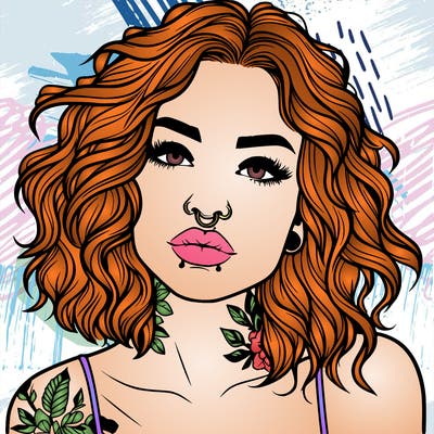 realistic woman with septum piercing and wavy hair and tattoos