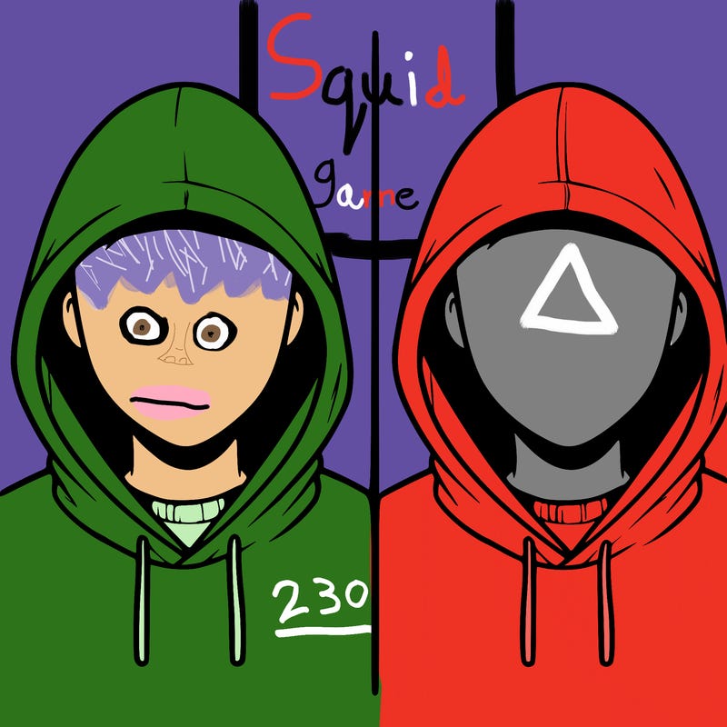a person with a hoodie and no face, the drawing is split in 2