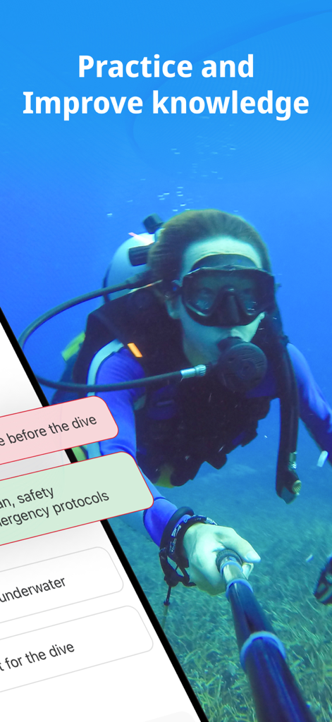 PADI Trainer Pro - Un buceador tomando una selfie submarina con preguntas interactivas de entrenamiento PADI superpuestas en la pantalla.