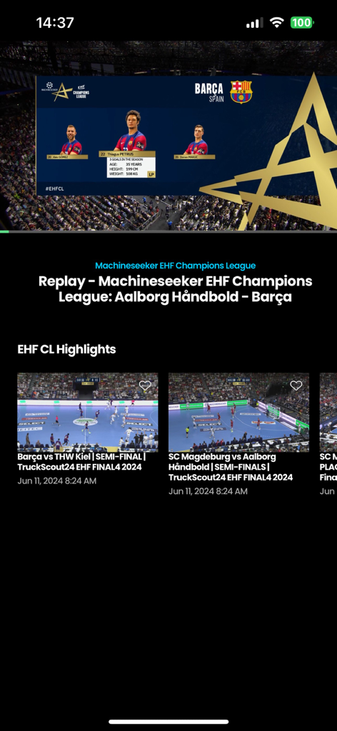 EveryPlay Live - EveryPlay Live app screen showing Machineseeker EHF Champions League handball replays and match highlights.