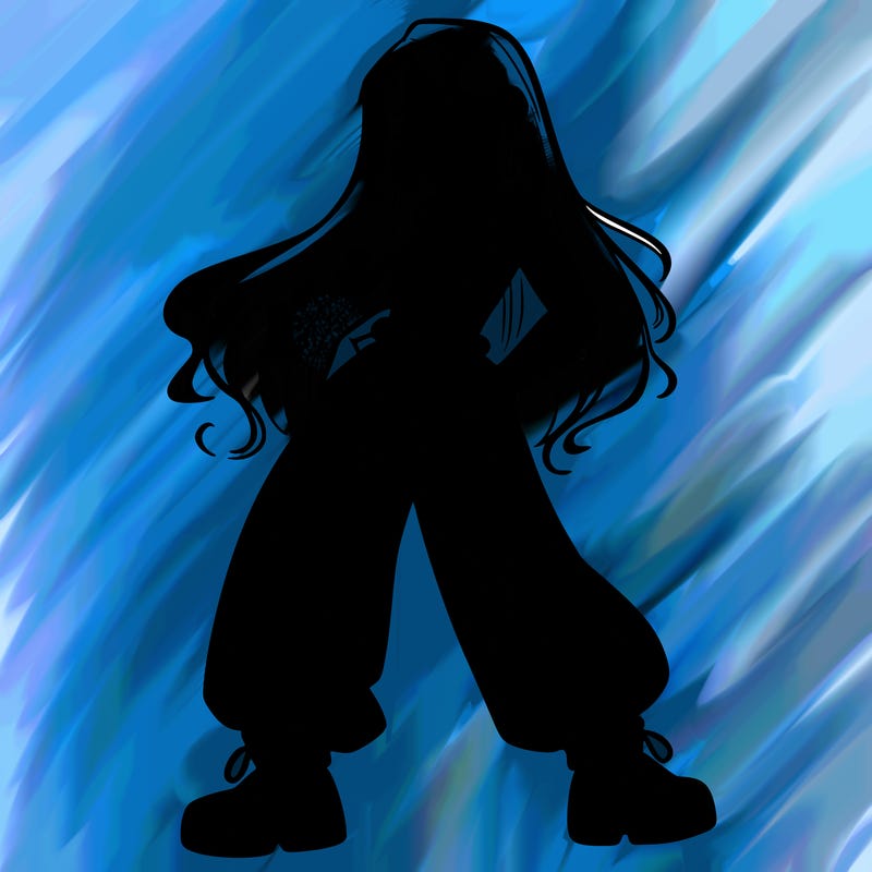 girl in baggy pants crop top and long hair