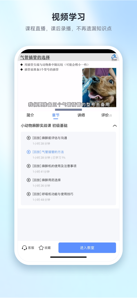 Ein Videokurs über Anästhesie bei Kleintieren in der Shou Ke Wang Tierarztausbildungs-App