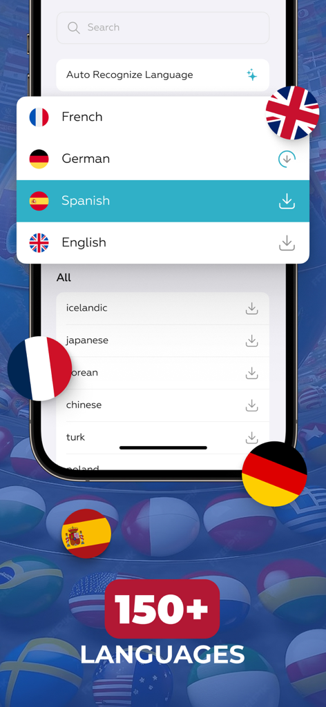 Pantalla de la aplicación Voice Translator mostrando una selección de más de 150 idiomas compatibles con banderas de países