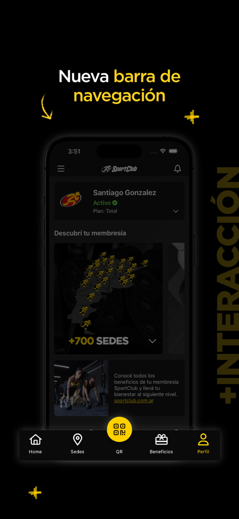 SportClub - SportClub mobile app home screen showing the bottom navigation bar and gym membership profile