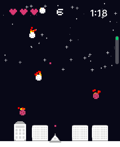 Retro pixel art gameplay of Earth Defender showing a spaceship defending buildings from falling meteors